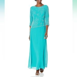 NEW J Kara Women's BOAD Neck Asymetrical Beaded Dress, Aqua Multi, Size 18